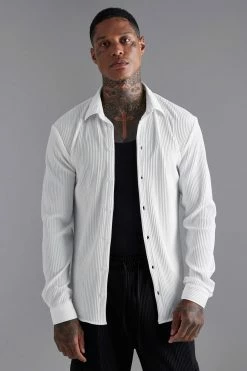 White Long Sleeve Pleated Shirt And Trouser Set White