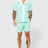 Boxy Contrast Towelling Shirt And Shorts Set Jade