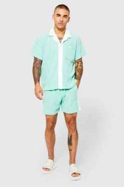 Boxy Contrast Towelling Shirt And Shorts Set Jade