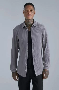 Long Sleeve Pleated Slim Fit Shirt Taupe