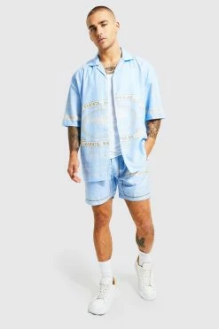 Boxy Official Man Graphic Shirt And Short Set Blue