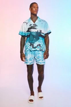 Boxy Slub Graphic Shirt And Swims Set Blue