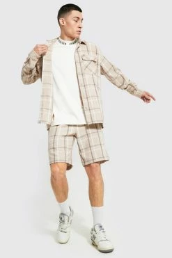Check Flannel Overshirt And Short Set Beige