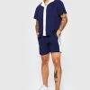 Boxy Contrast Towelling Shirt And Shorts Set Navy