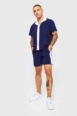 Boxy Contrast Towelling Shirt And Shorts Set Navy