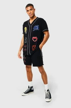 Oversized Baseball Applique Shirt And Shorts Black