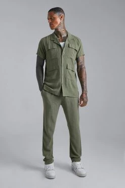 Linen Cargo Shirt And Trouser Khaki