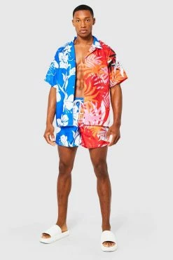 Boxy Fit Slub Spliced Floral Shirt And Swims Blue