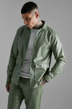 Khaki Contrast Stitch PU Overshirt And Slim Fit Trousers Khaki