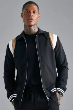 Tailored Collared Varsity Bomber Jacket Black