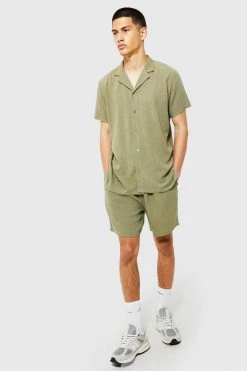 Short Sleeve Revere Linen Shirt And Short Set Khaki