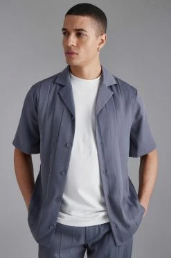 Short Sleeve Revere Smart Pleated Shirt Grey