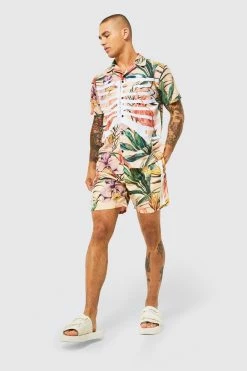 Floral Skeleton Print Shirt And Swims Set Light Pink