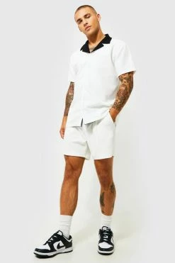 Short Sleeve Jersey Textured Shirt And Short Ecru