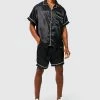 Satin Boxy Piping Shirt And Short Set Black