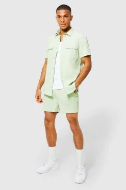 Short Sleeve Stitch Gathered Shirt And Short Light Green
