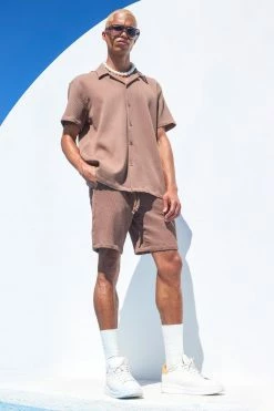 Oversized Short Sleeve Pleated Shirt And Short Mocha
