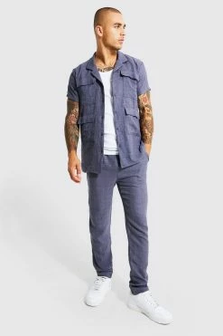 Linen Cargo Shirt And Trouser Blue