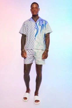 Boxy Slub Geo Spliced Shirt And Swims Set Mint