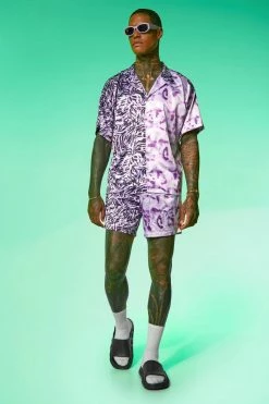 Boxy Satin Spliced Tie Dye Shirt And Shorts Purple