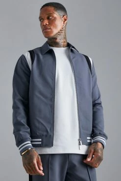 Tailored Collared Varsity Bomber Jacket Grey