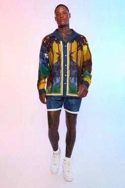 Long Sleeve Oversized Slub Shirt And Swims Navy