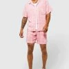 Boxy Fit Viscose Check Shirt And Short Set Light Pink