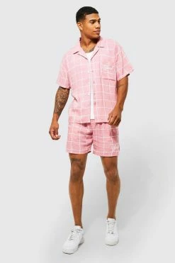 Boxy Fit Viscose Check Shirt And Short Set Light Pink