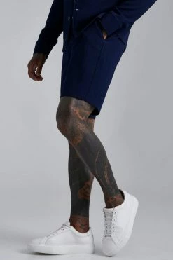 Seersucker Smart Slim Turn Up Hem Shorts Navy