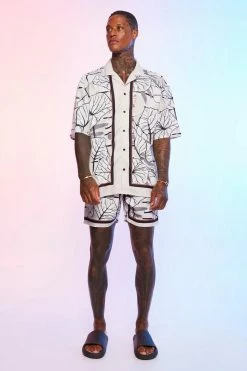 Boxy Oversized Floral Border Shirt And Shorts Ecru