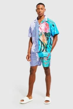 Boxy Fit Slub Spliced Stripe Shirt And Shorts Multi