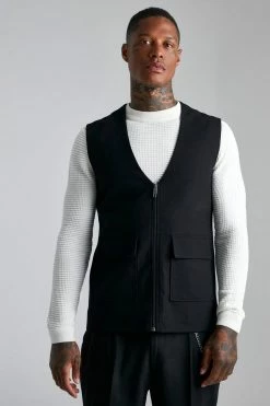 Plain Zip Through Waistcoat Black