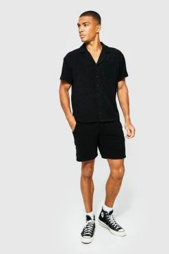 Boxy Towelling Cargo Shirt And Shorts Set Black
