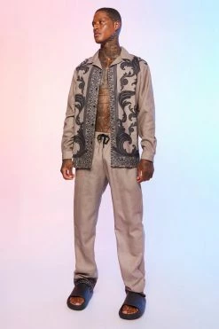 Long Sleeve Oversized Slub Shirt And Trousers Taupe