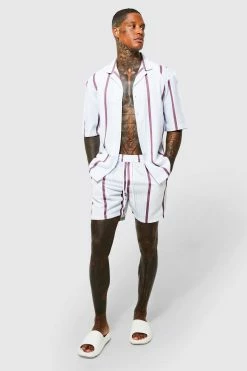Drop Revere Textured Stripe Shirt & Short Set Ecru