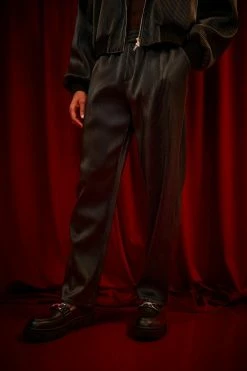 Elastic Waist Straight Fit Pleated PU Trouser Black