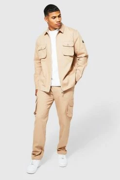 Cargo Zip Shirt And Trouser Set Taupe