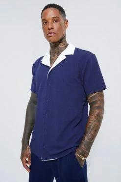 Short Sleeve Jersey Textured Shirt Navy