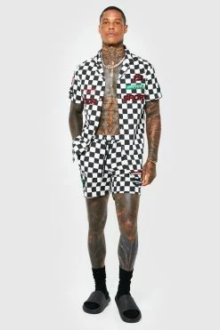 Cotton Moto Applique Shirt And Shorts Set Black