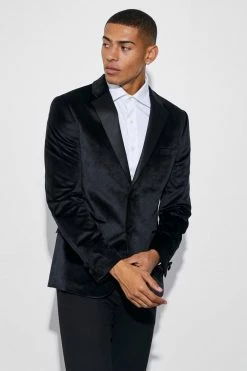 SKINNY VELOUR LAPEL SUIT JACKET AND TROUSER Black