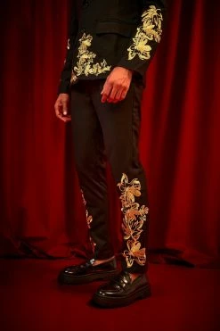 Slim Embroidered Floral Suit Trousers Black