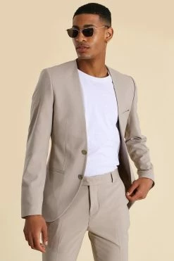 Skinny Collarless Suit Jacket Stone
