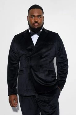 Plus Slim Velour Double Breasted Suit Jacket Black