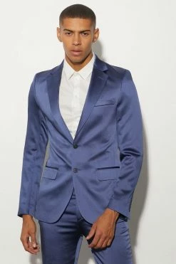 Skinny Fit Satin Suit Jacket Marine Blue