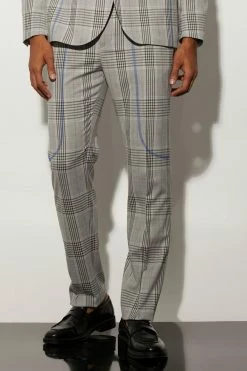 Straight Leg Check Contrast Stitch Trousers Grey