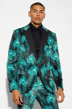 Slim Fit Printed Velour Suit Jacket Green