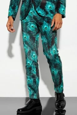 Slim Fit Printed Velour Suit Trouser Green