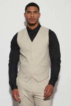 Tall Slim Stripe Textured Waistcoat Beige