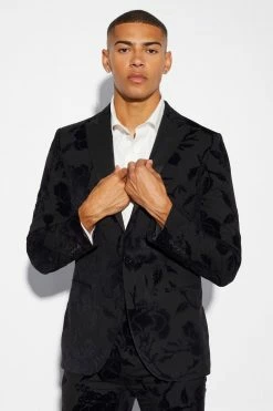 Skinny Floral Flock Suit Jacket Black