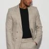 Tall Double Breasted Skinny Check Suit Jacket Beige